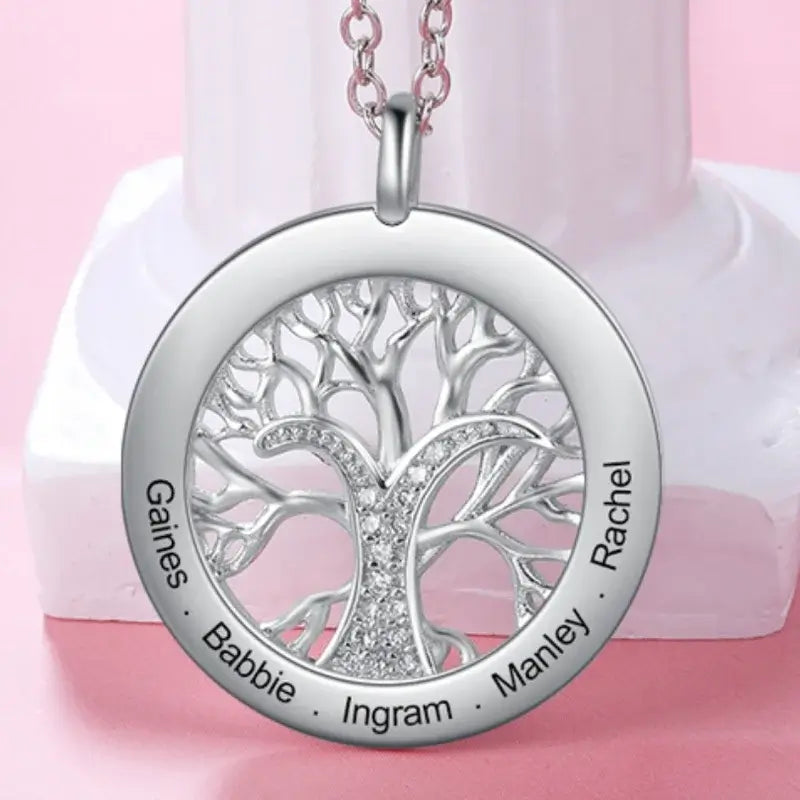 Personalised Engraved Family Tree Round Pendant Necklace