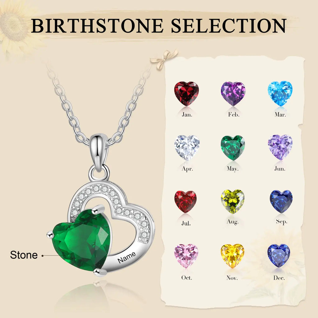 Personalised Engraved Heart Name Necklace with Heart Birthstone
