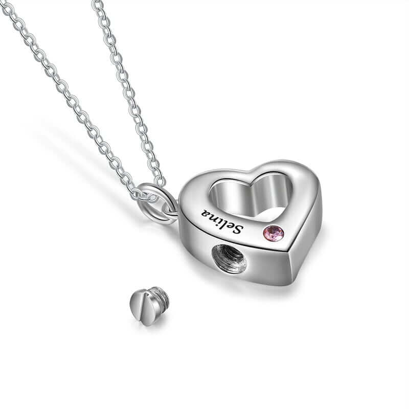 Personalised Engraved Heart Shaped Ashes Necklace with Birthstone