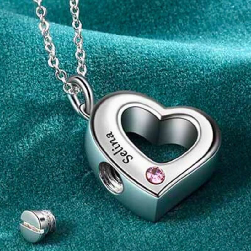 Personalised Engraved Heart Shaped Ashes Necklace with Birthstone