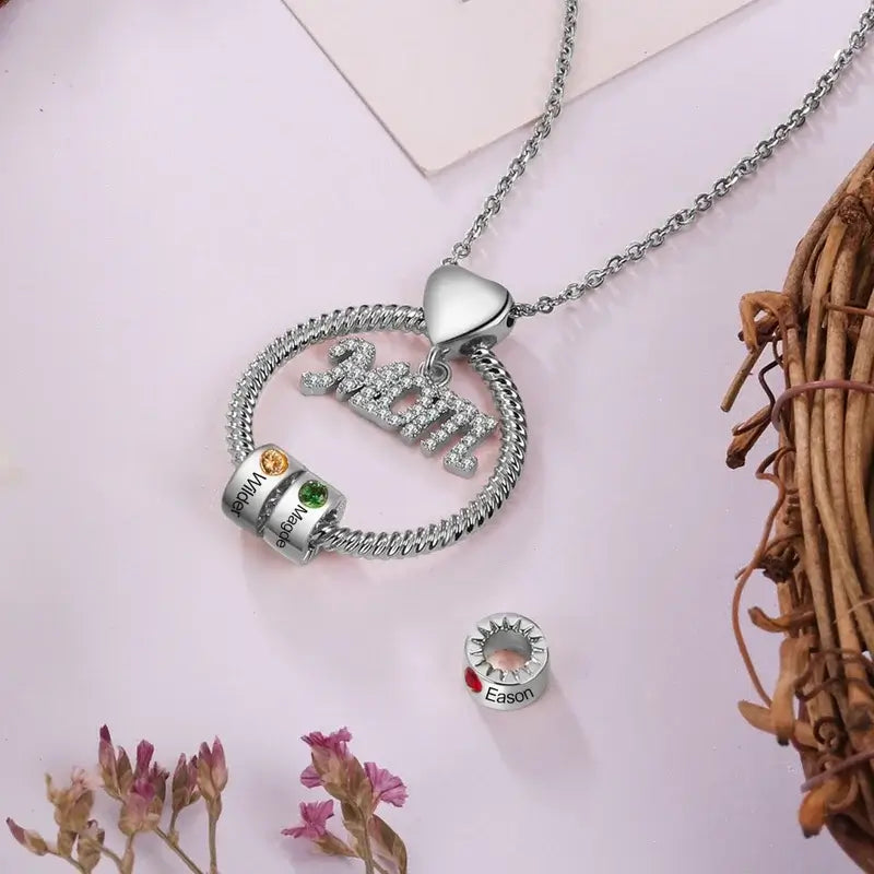 Personalised Mom Necklace with Engraved 1-5 Birthstone Name Beads