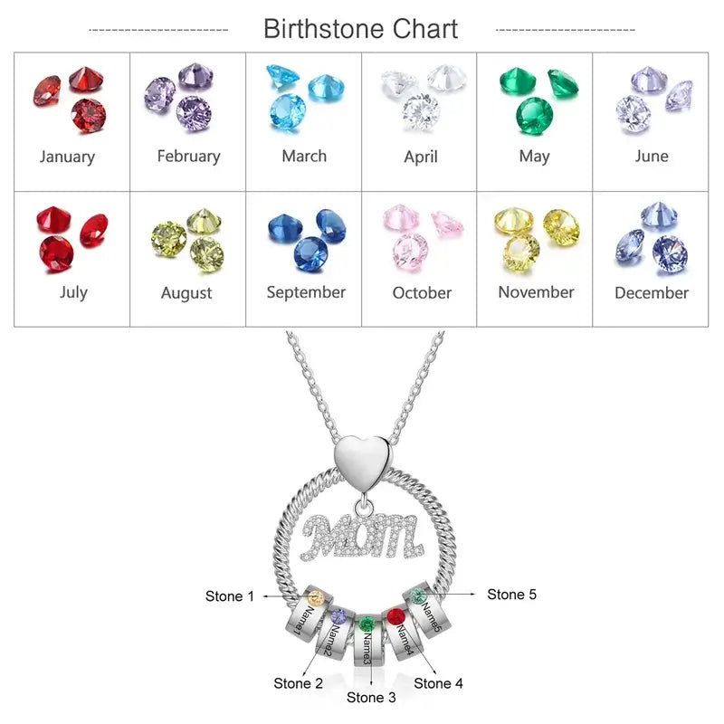 Personalised Mom Necklace with Engraved 1-5 Birthstone Name Beads
