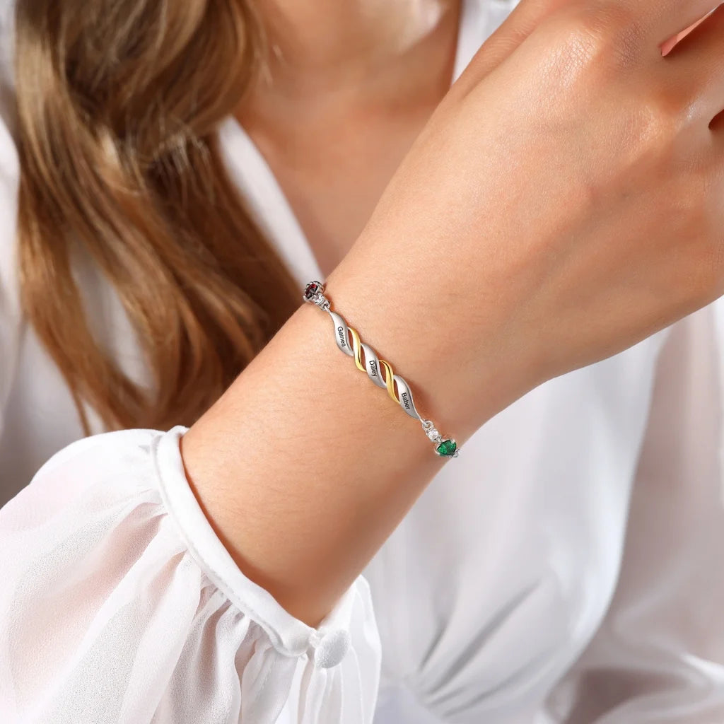 Personalised Engraved Mum's Bracelet with 2-4 Heart Birthstones - A Custom Gift for Mother's Day or Birthday
