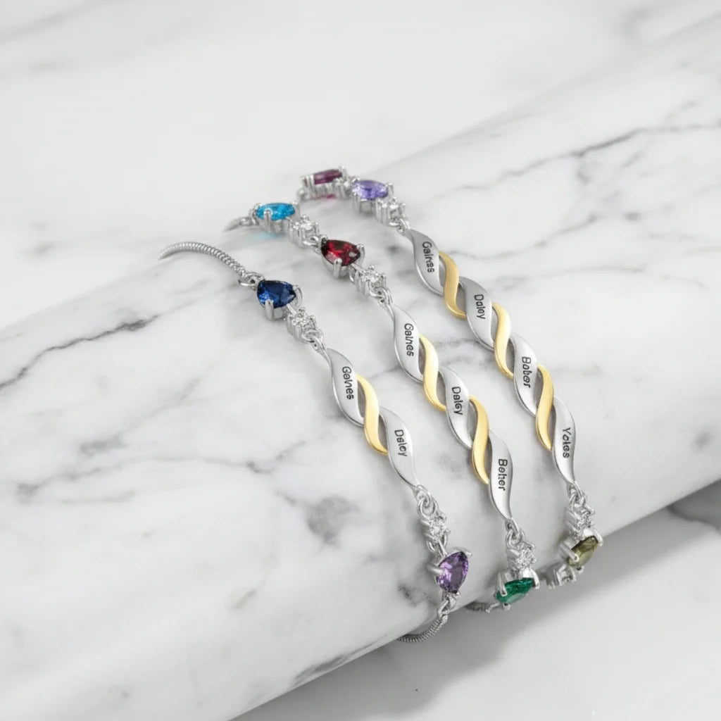 Personalised Engraved Mum's Bracelet with 2-4 Heart Birthstones - A Custom Gift for Mother's Day or Birthday