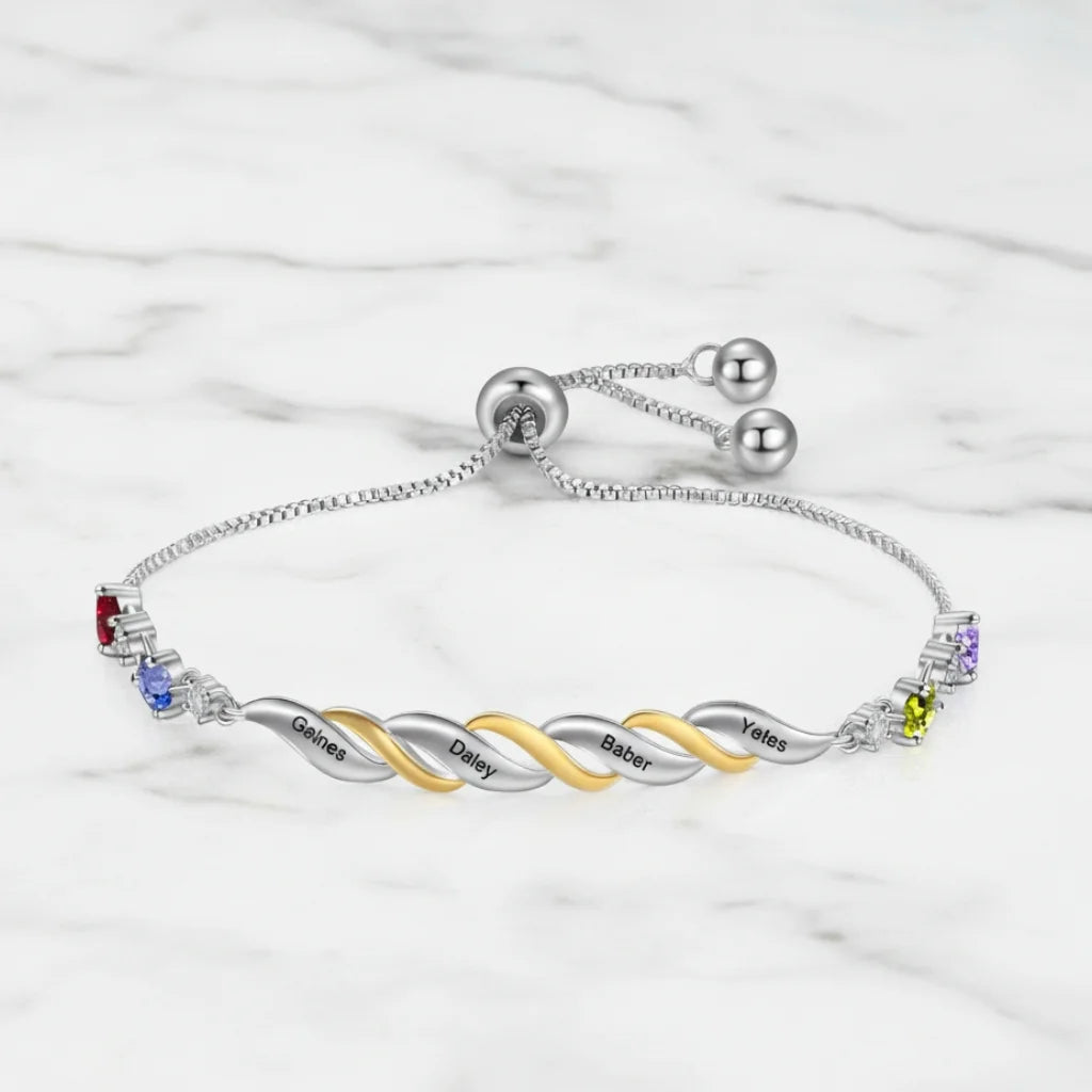 Personalised Engraved Mum's Bracelet with 2-4 Heart Birthstones - A Custom Gift for Mother's Day or Birthday