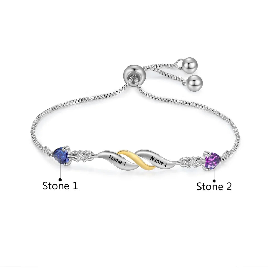 Personalised Engraved Mum's Bracelet with 2-4 Heart Birthstones - A Custom Gift for Mother's Day or Birthday