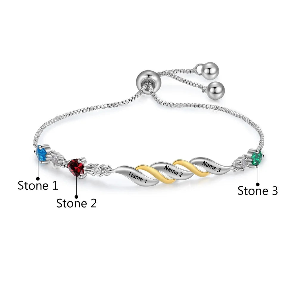 Personalised Engraved Mum's Bracelet with 2-4 Heart Birthstones - A Custom Gift for Mother's Day or Birthday