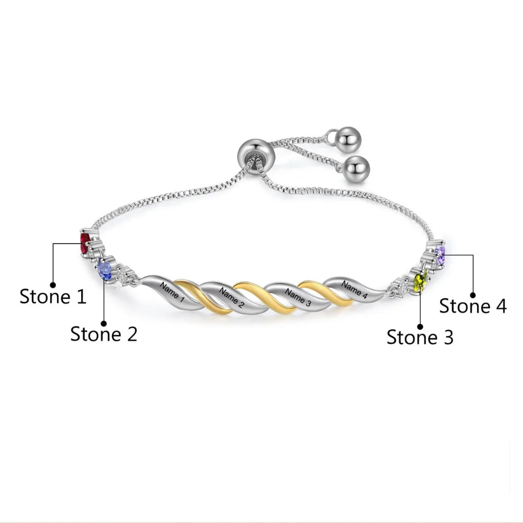 Personalised Engraved Mum's Bracelet with 2-4 Heart Birthstones - A Custom Gift for Mother's Day or Birthday