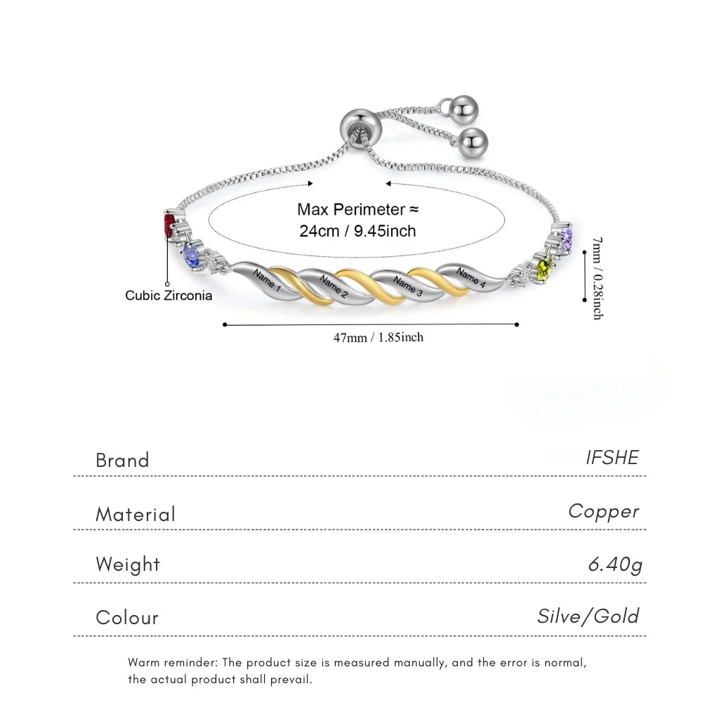 Personalised Engraved Mum's Bracelet with 2-4 Heart Birthstones - A Custom Gift for Mother's Day or Birthday
