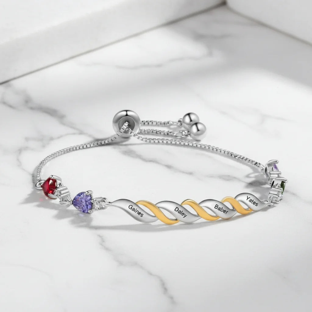 Personalised Engraved Mum's Bracelet with 2-4 Heart Birthstones - A Custom Gift for Mother's Day or Birthday