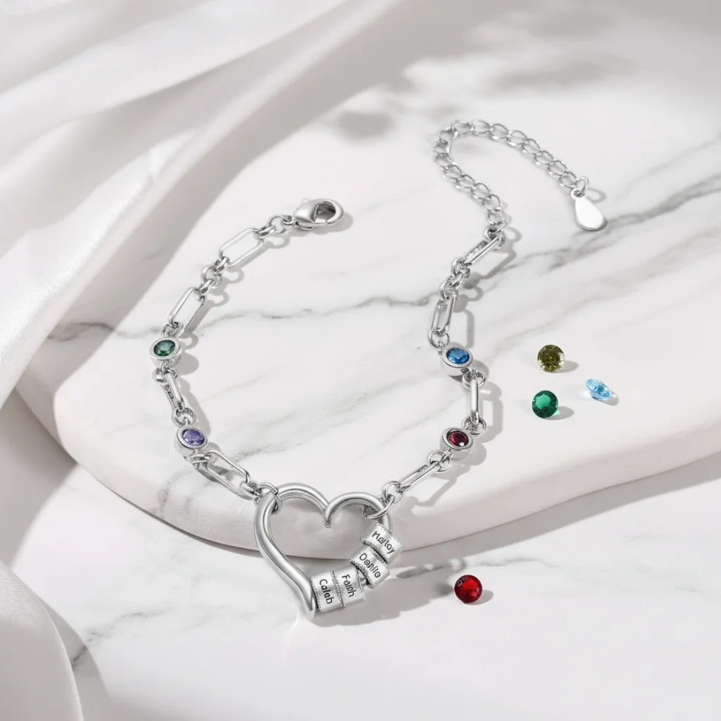 Personalised Engraved Name Bead Bracelet with Birthstones – The Perfect Family Jewellery Gift