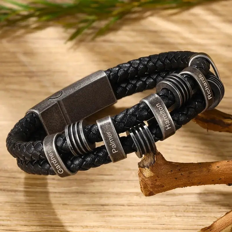 Personalised Engraved Name Beads Mens Leather Bracelet