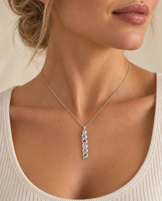 Personalised Name and Birthstone Necklace for Mum - worn on a model