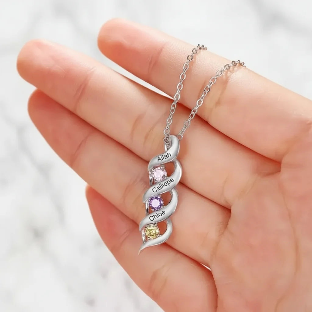 Personalised Engraved Name & Birthstone Necklace for Mum/Nan