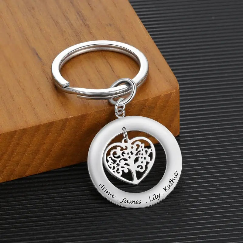 Personalised Engraved Ring Keyring with Heart Family Tree Charm