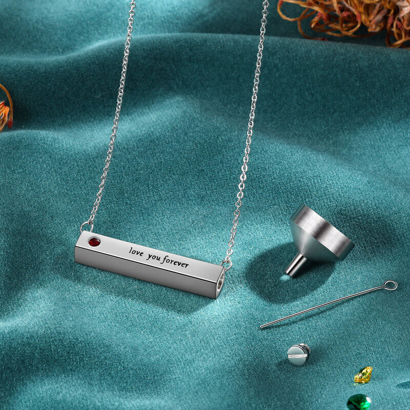 Personalised Engraved Tag Bar Ashes Necklace with Birthstone