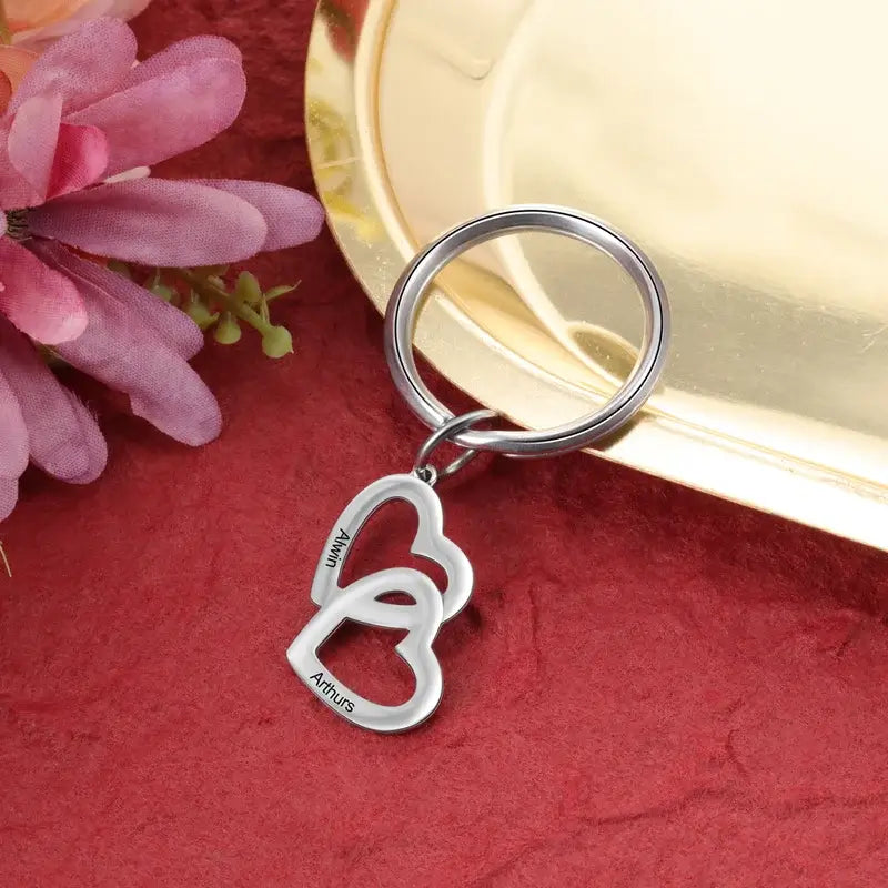 Personalised Engraved Two Hearts Keyring