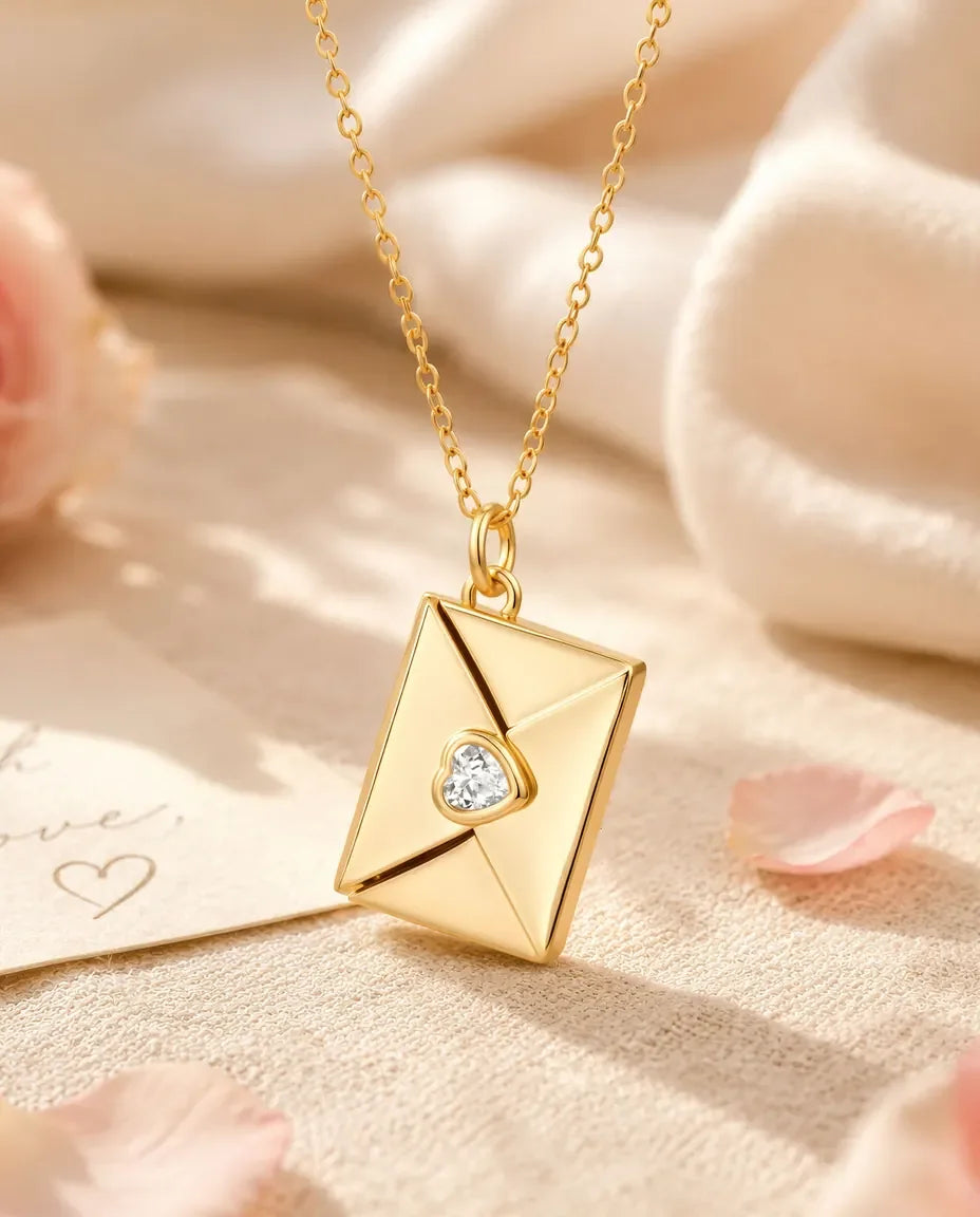 Gold envelope locket necklace with heart-cut cubic zirconia on the flap, flat lay