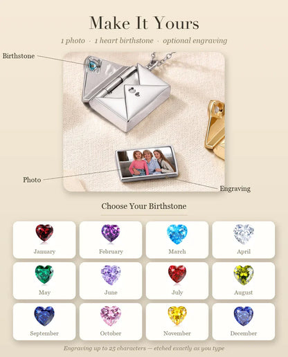 Personalisation guide: photo, heart birthstone months and engraving options for the envelope locket
