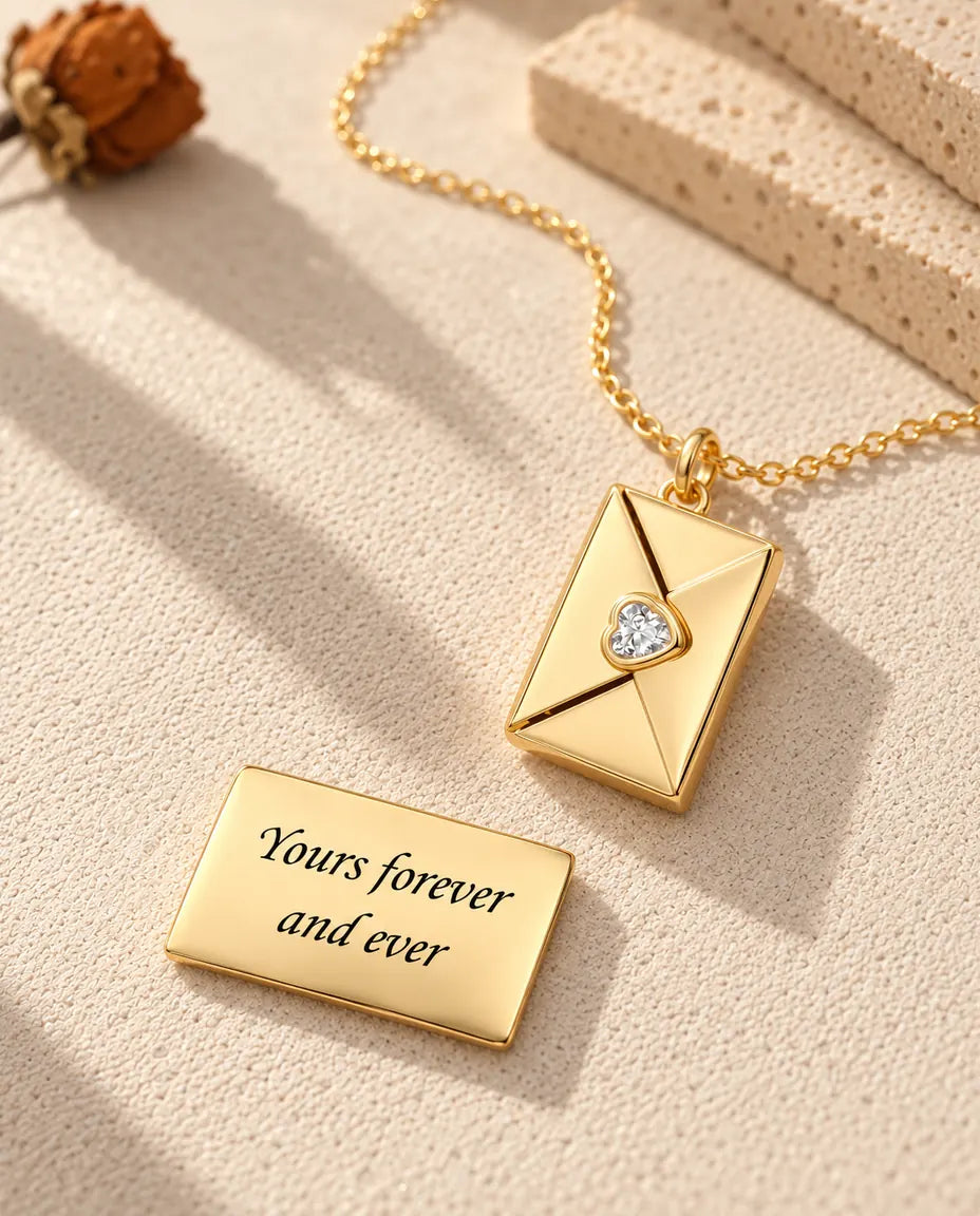 Gold envelope locket necklace with its photo card engraved “Yours forever and ever”