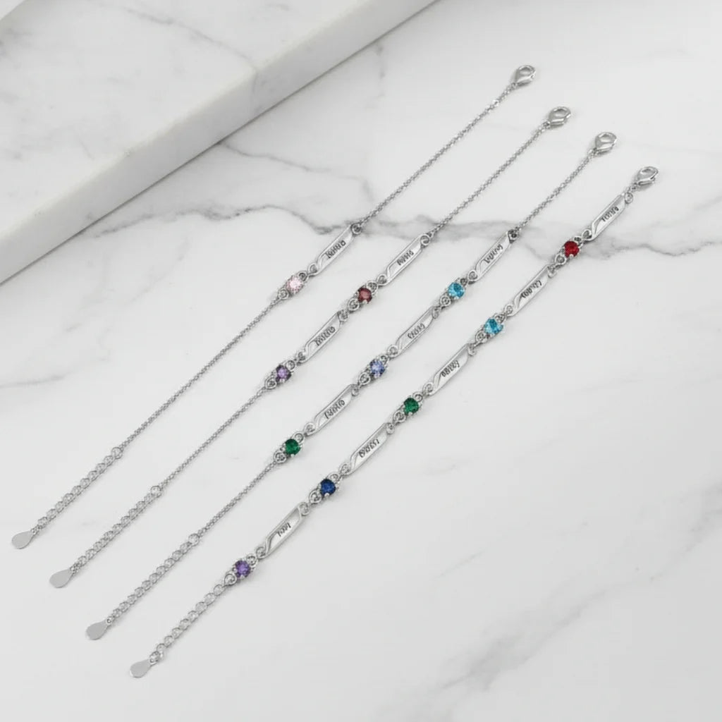 Personalised Family Birthstone & Engraved Name Bar Bracelet - 1 to 5 Names