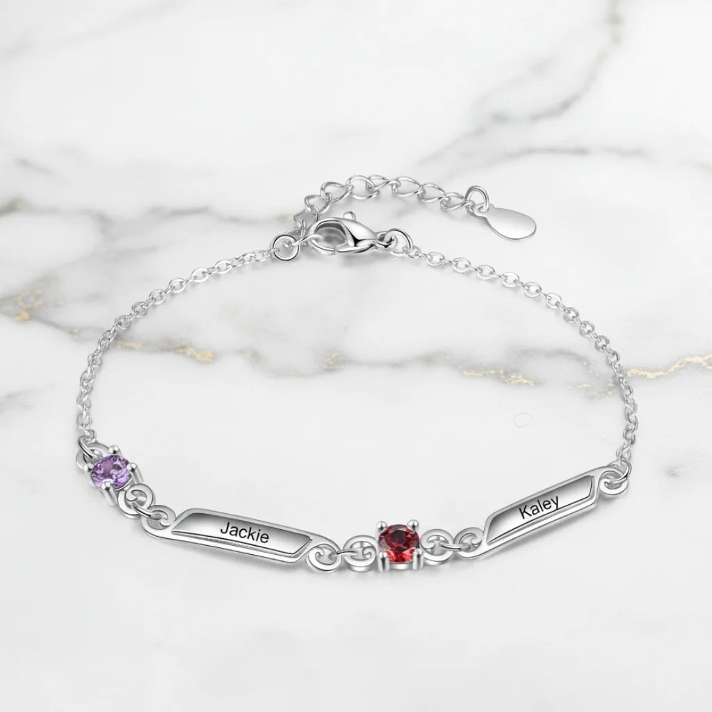 Personalised Family Birthstone & Engraved Name Bar Bracelet - 1 to 5 Names
