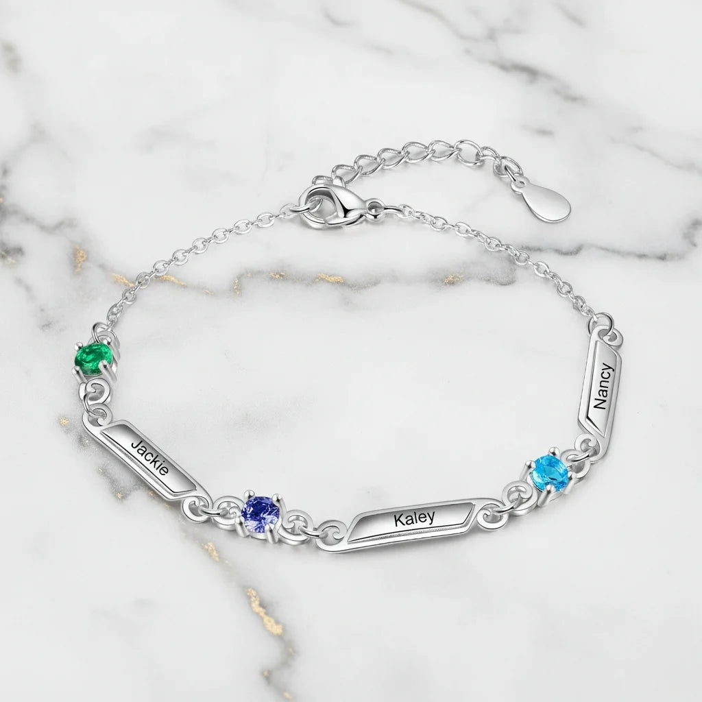 Personalised Family Birthstone & Engraved Name Bar Bracelet - 1 to 5 Names