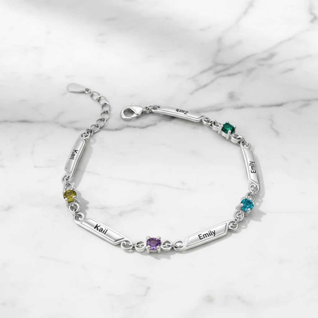 Personalised Family Birthstone & Engraved Name Bar Bracelet - 1 to 5 Names