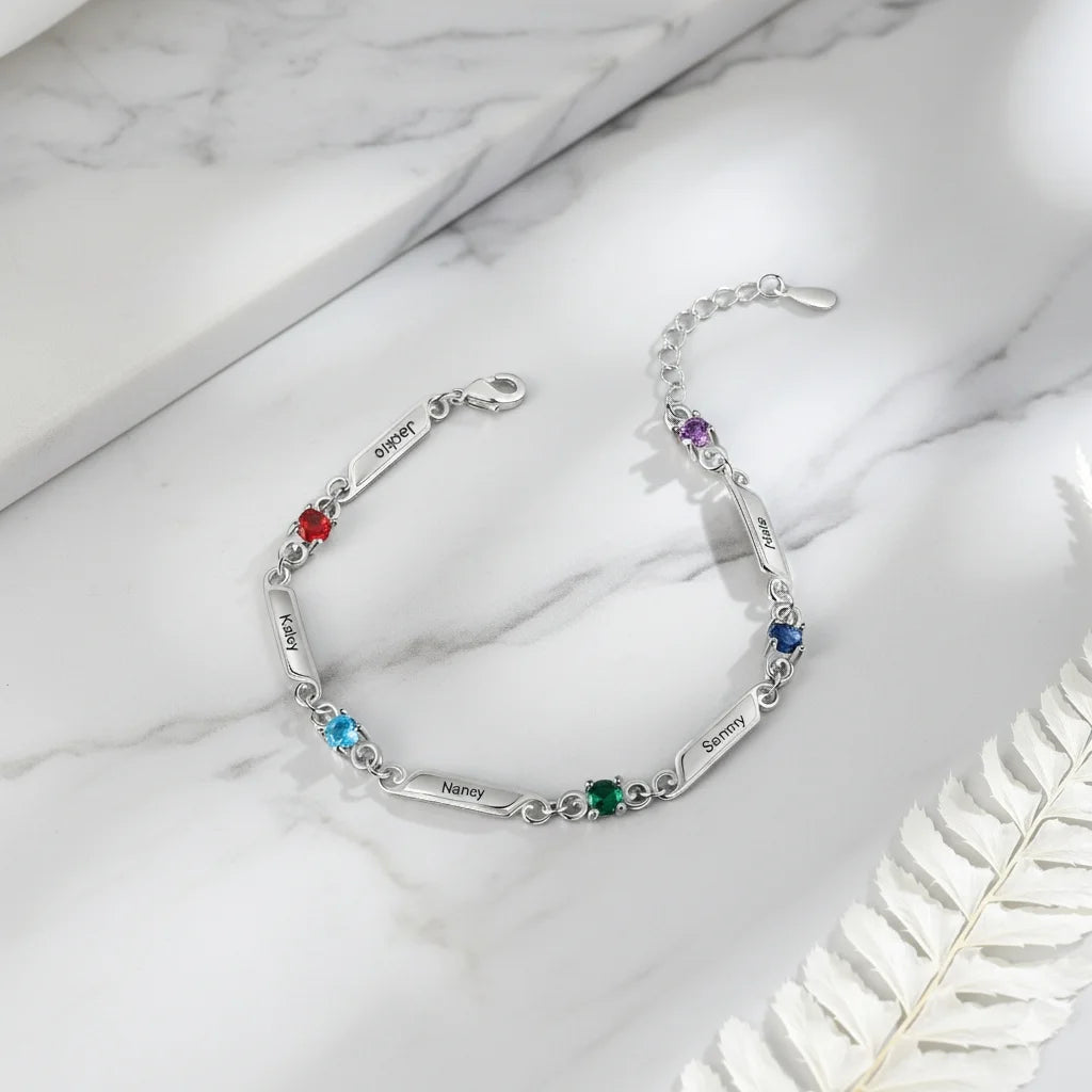 Personalised Family Birthstone & Engraved Name Bar Bracelet - 1 to 5 Names