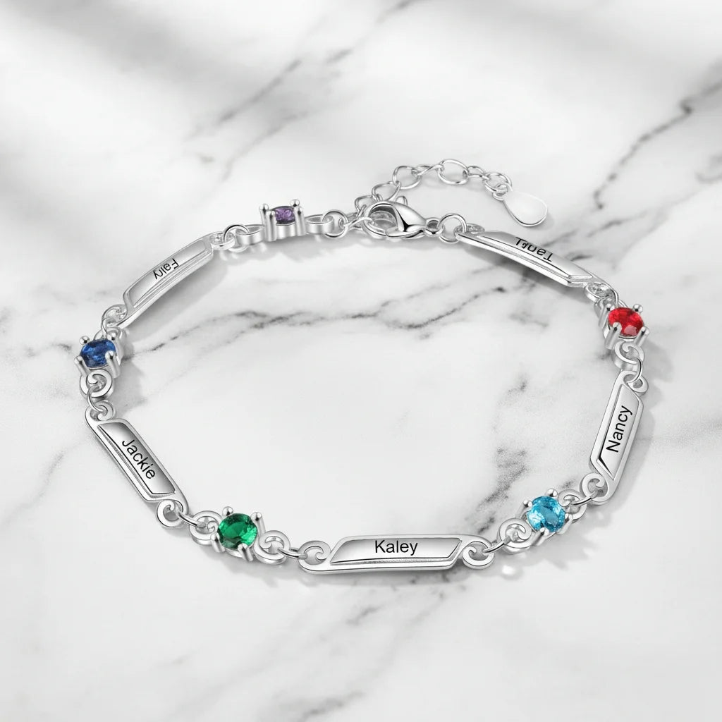 Personalised Family Birthstone & Engraved Name Bar Bracelet - 1 to 5 Names