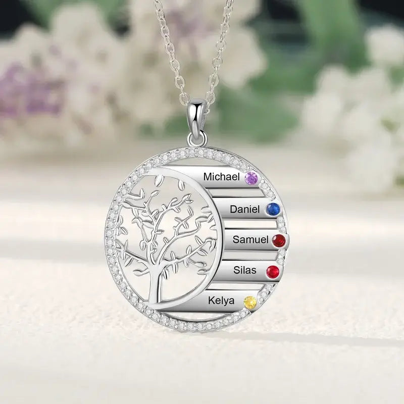 Personalised Family Tree Birthstones Engraved Necklace