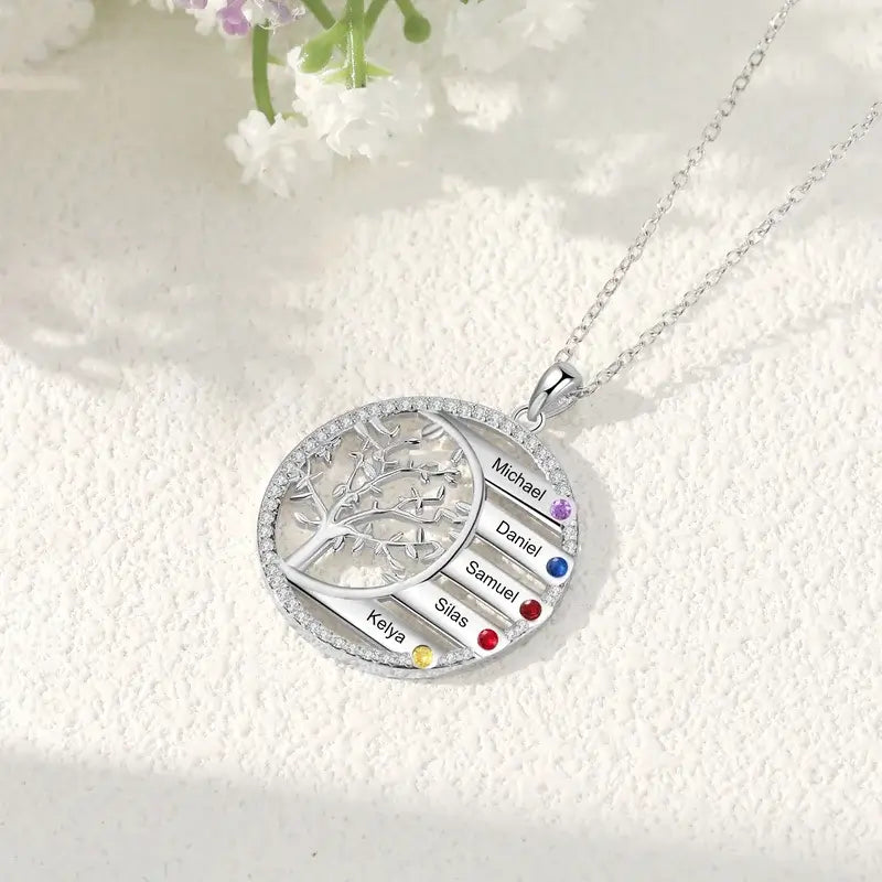 Personalised Family Tree Birthstones Engraved Necklace