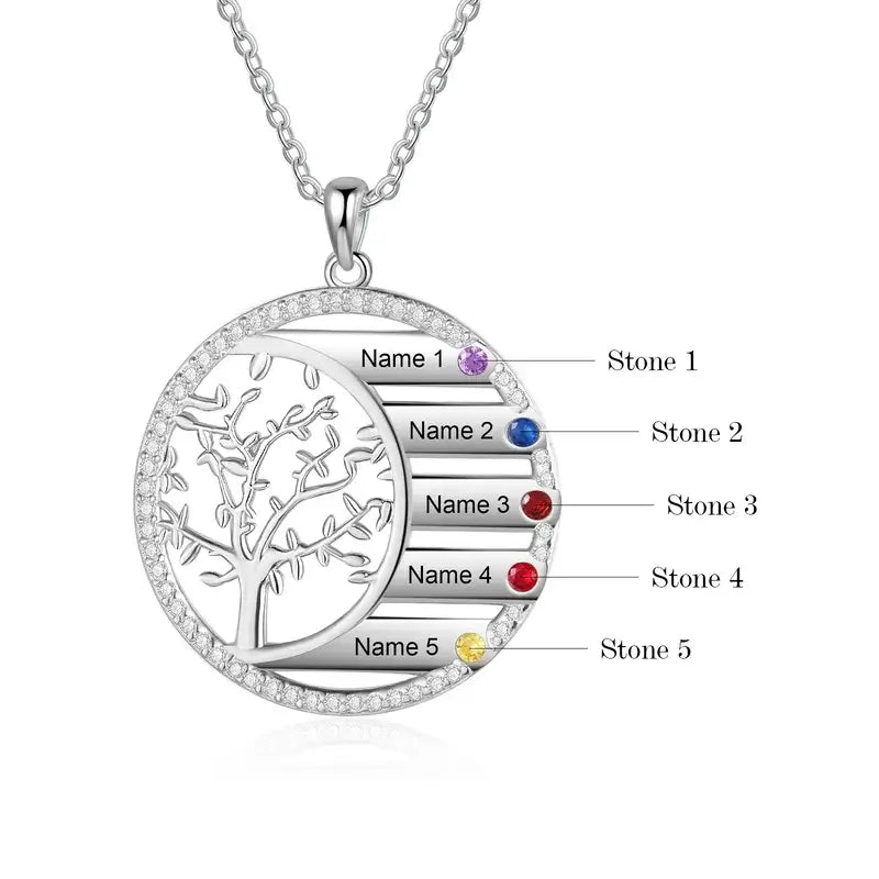 Personalised Family Tree Birthstones Engraved Necklace