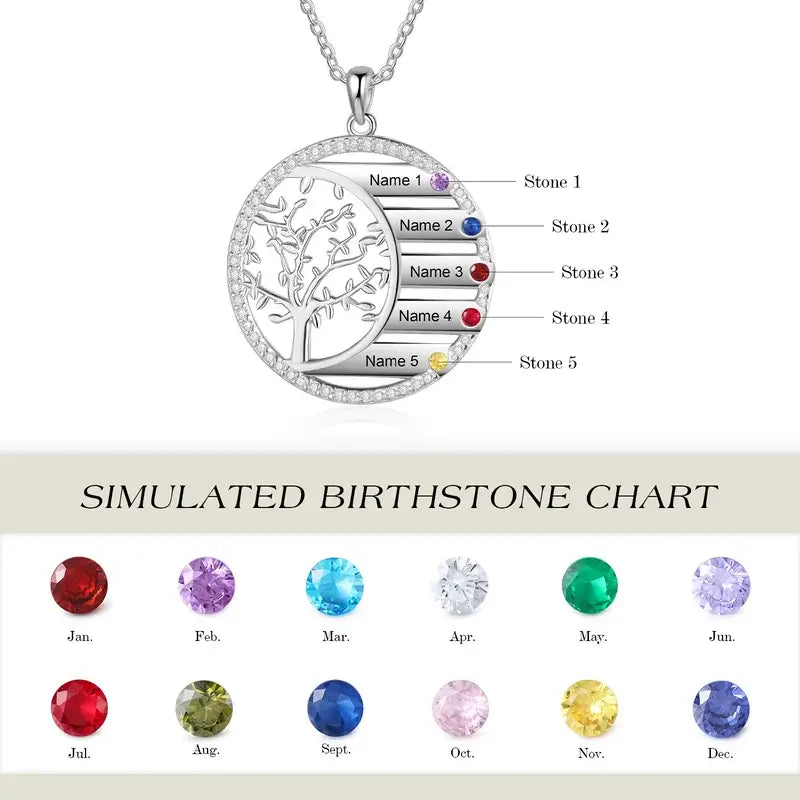 Personalised Family Tree Birthstones Engraved Necklace