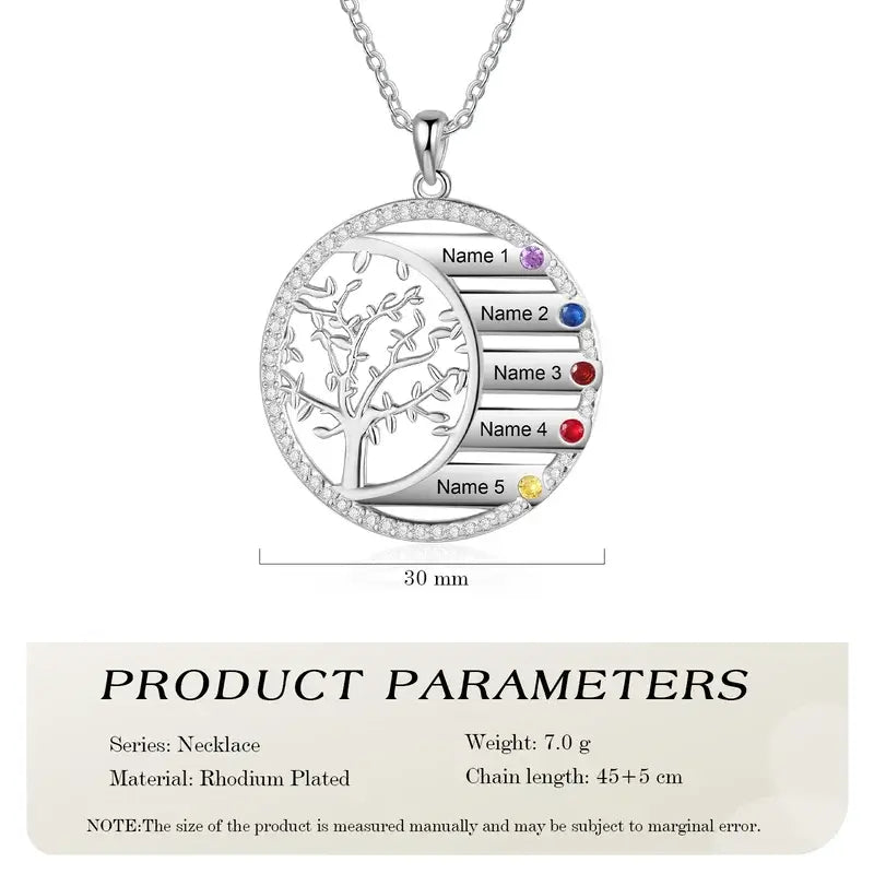 Personalised Family Tree Birthstones Engraved Necklace