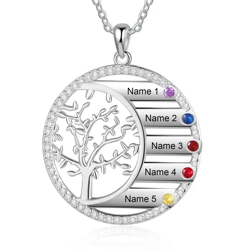 Personalised Family Tree Birthstones Engraved Necklace