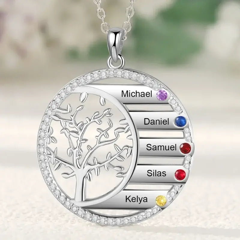 Personalised Family Tree Birthstones Engraved Necklace