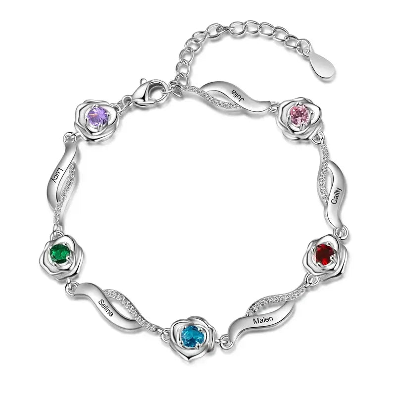 Personalised Flower Charm Birthstone Bracelet | Engraved Name Bracelet