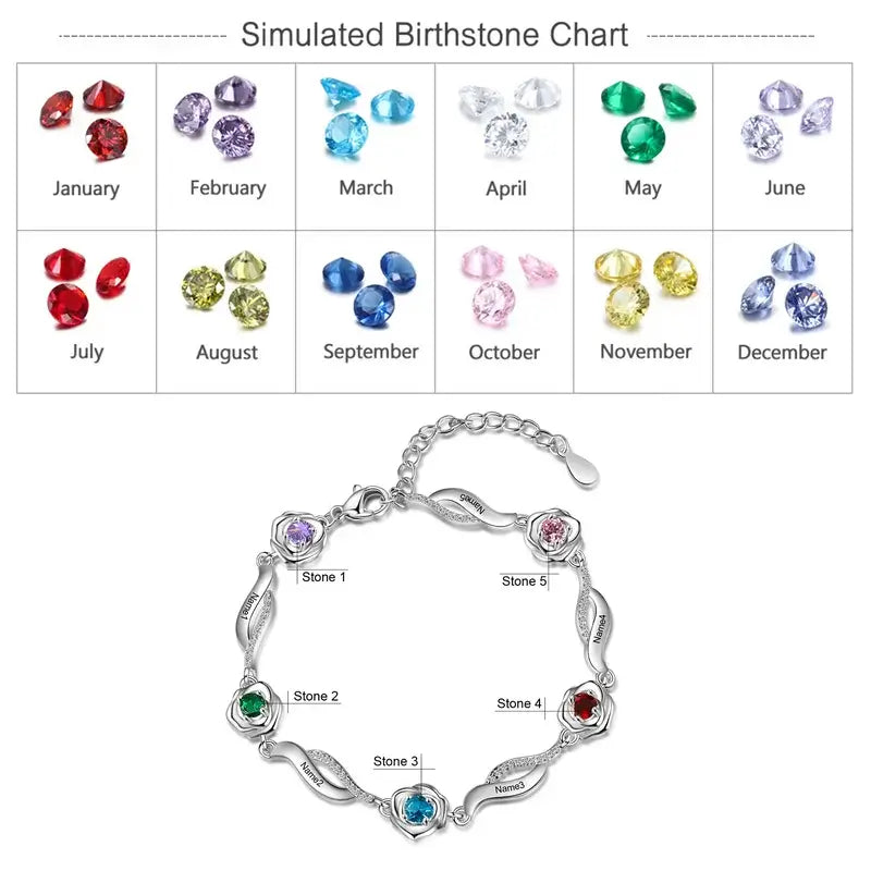 Personalised Flower Charm Birthstone Bracelet | Engraved Name Bracelet