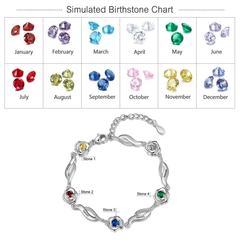 Personalised Flower Charm Birthstone Bracelet | Engraved Name Bracelet