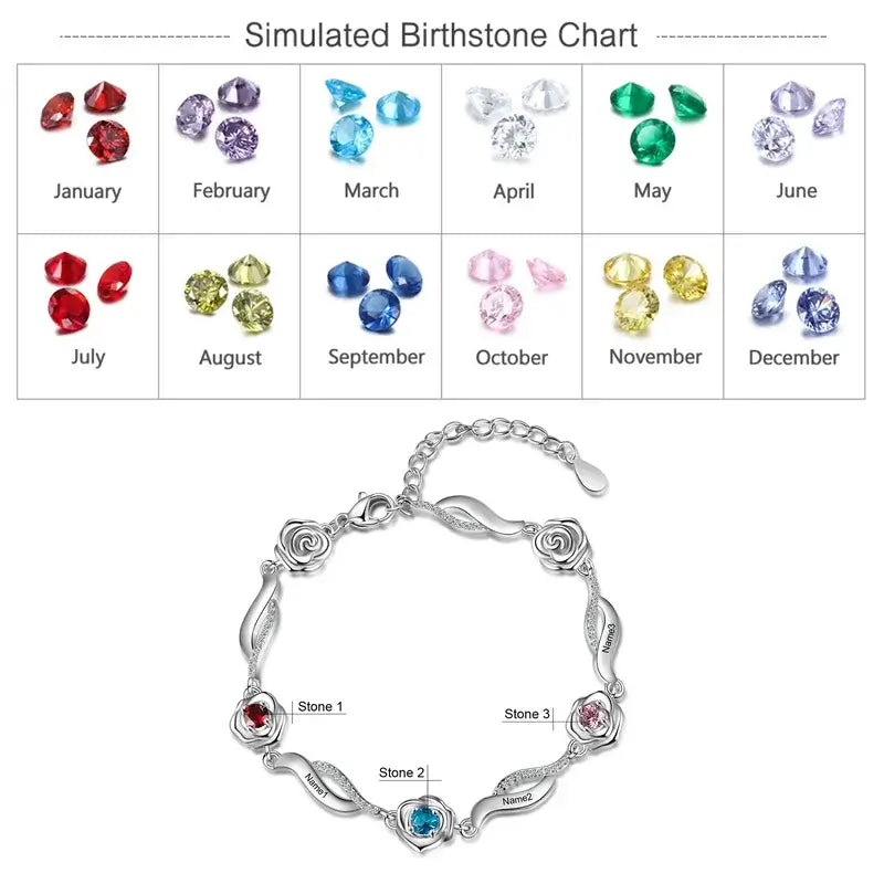 Personalised Flower Charm Birthstone Bracelet | Engraved Name Bracelet