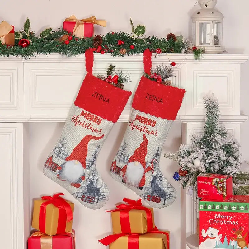 Personalised Gnomes Santa Christmas Stockings | Soft Classic Red And Fireplace Hanging For Family Holiday Xmas | 1pc