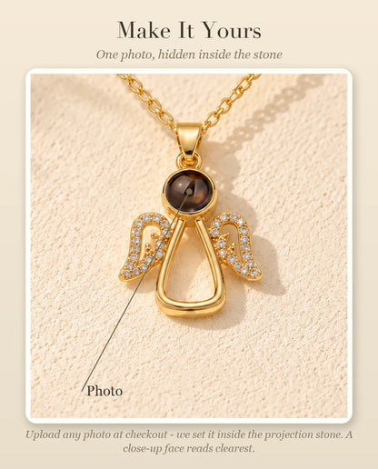 Personalisation guide showing where your photo goes inside the projection stone of the angel necklace