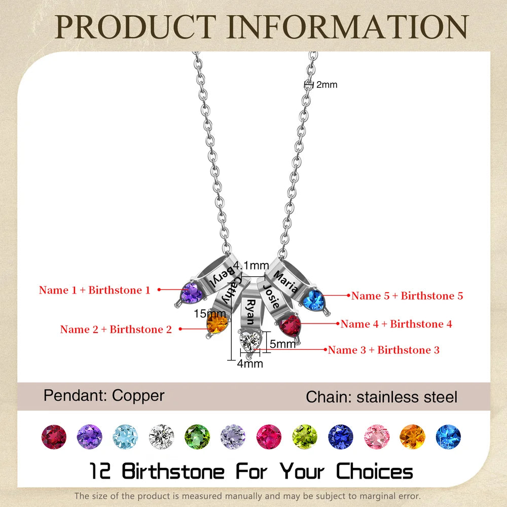 Personalised Necklace 1-5 Engraved Charms, Customised Heart Birthstone Necklace, Engraved Names Necklace