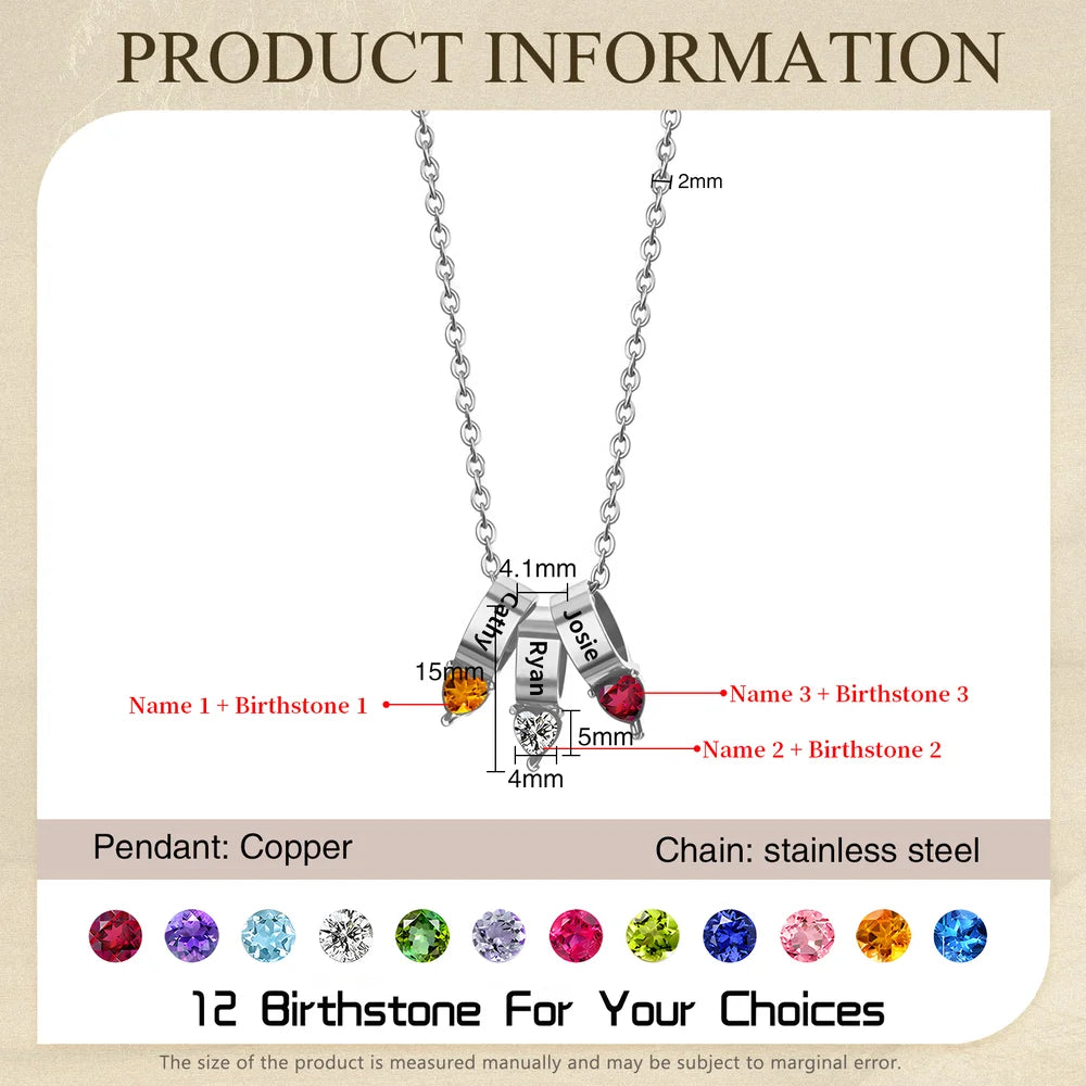 Personalised Necklace 1-5 Engraved Charms, Customised Heart Birthstone Necklace, Engraved Names Necklace