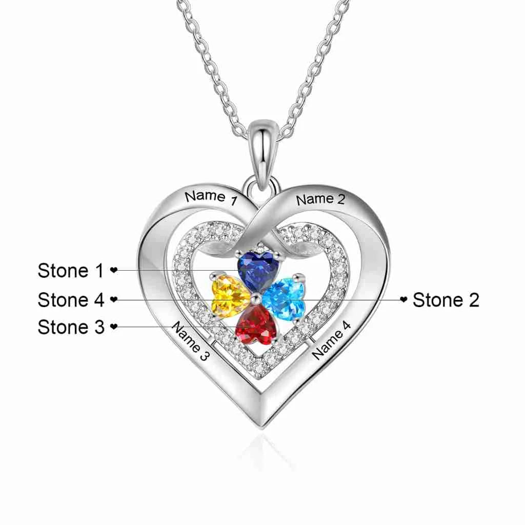 Personalised Heart Birthstone Necklace for Her – Engrave 2-4 Names & Stones