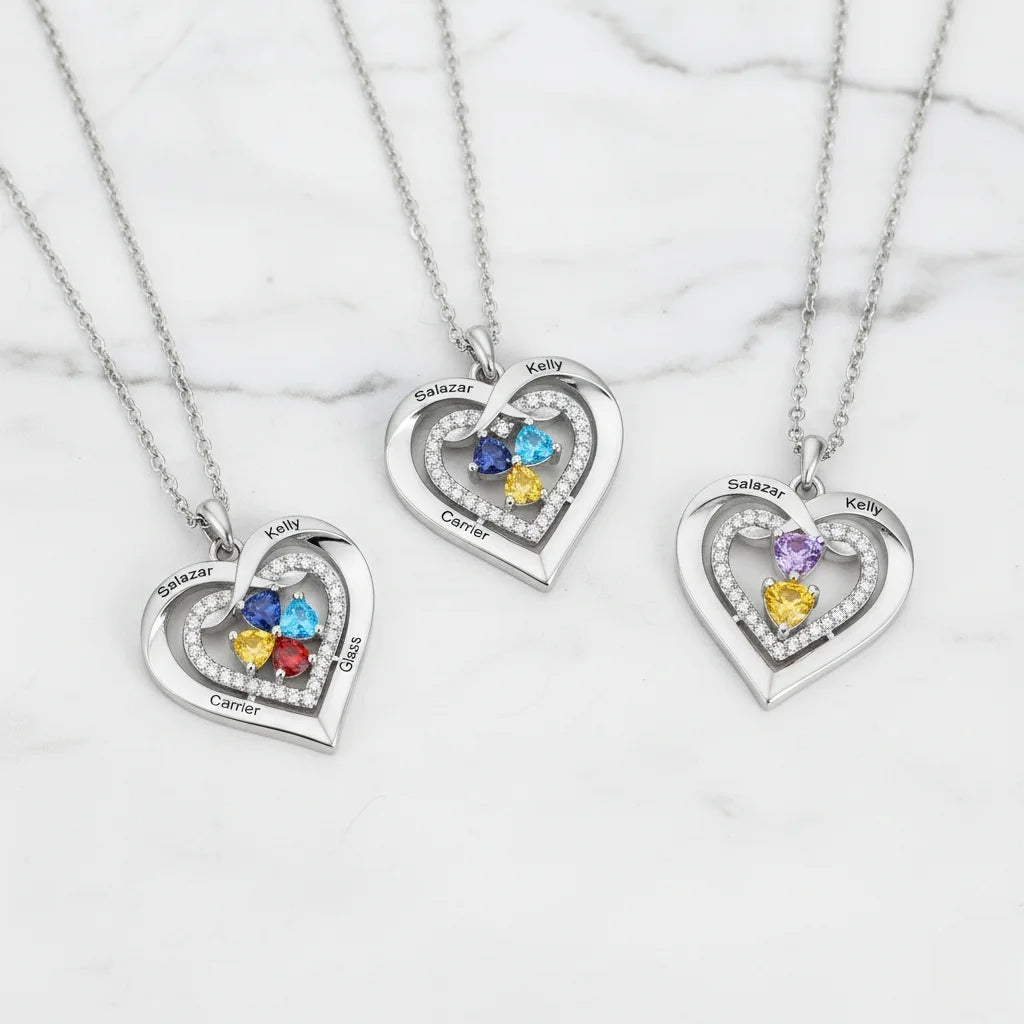 Personalised Heart Birthstone Necklace for Her – Engrave 2-4 Names & Stones