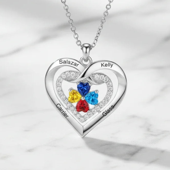 Personalised Heart Birthstone Necklace for Her – Engrave 2-4 Names & Stones