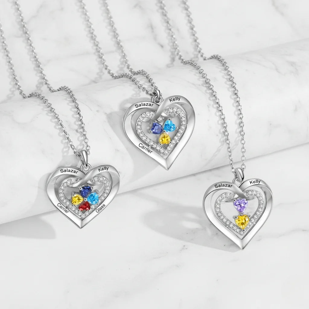 Personalised Heart Birthstone Necklace for Her – Engrave 2-4 Names & Stones