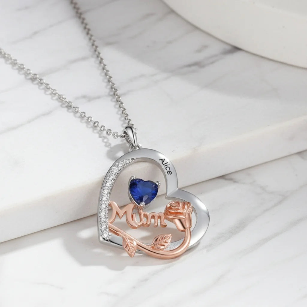 Personalised Heart Birthstone Necklace for Mum - Engraved with 1-4 Names